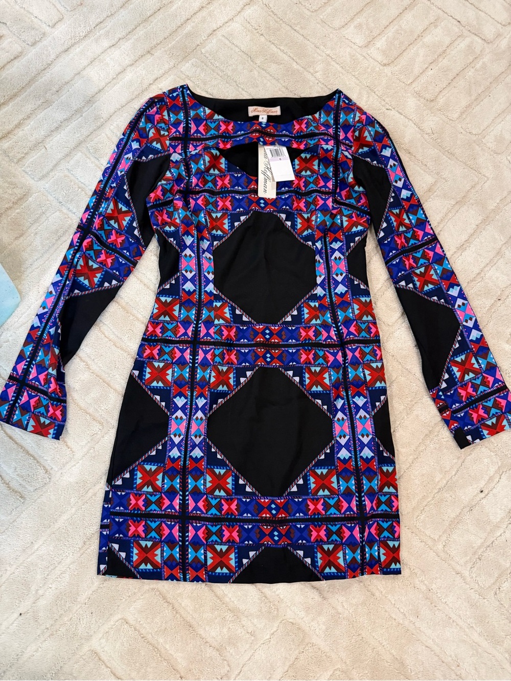 Geometric Print Long Sleeve Dress new with tags cutout on chest